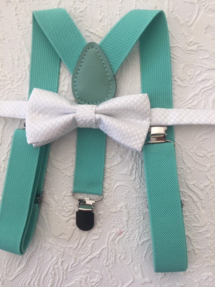 Mint Bowtie and Suspenders Set-boys bow tie-white Boys Bowtie-Newborn Clothing-Toddler Necktie-Groomsmen Accessories-Ring Bearer outfit kids