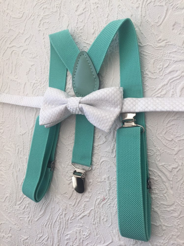 Mint Bowtie and Suspenders Set-boys bow tie-white Boys Bowtie-Newborn Clothing-Toddler Necktie-Groomsmen Accessories-Ring Bearer outfit kids