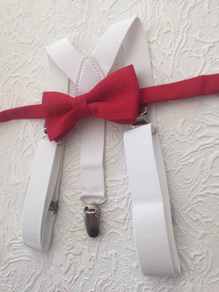 Bow Tie and Suspender Set, white Suspenders, boy Suspenders, baby Suspender Bow Tie, David's Bridal Apple Red suspenders, Apple Red bow tie