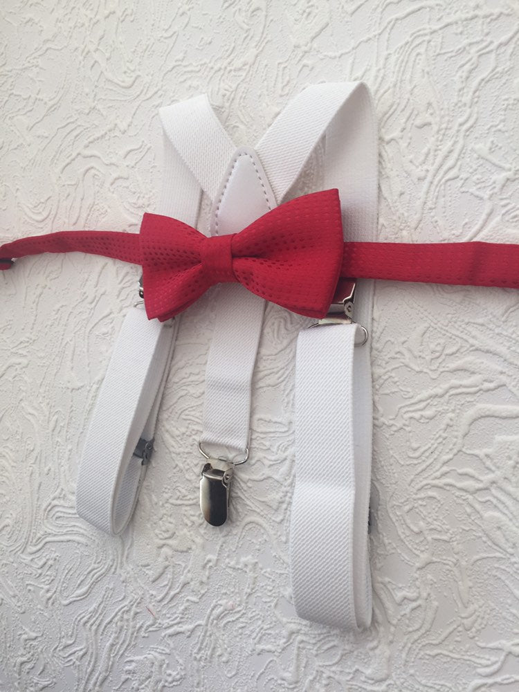 Bow Tie and Suspender Set, white Suspenders, boy Suspenders, baby Suspender Bow Tie, David's Bridal Apple Red suspenders, Apple Red bow tie