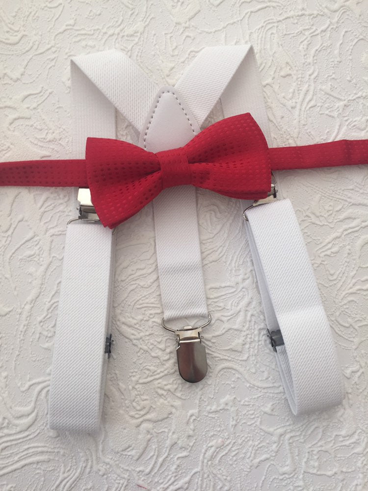 Bow Tie and Suspender Set, white Suspenders, boy Suspenders, baby Suspender Bow Tie, David's Bridal Apple Red suspenders, Apple Red bow tie