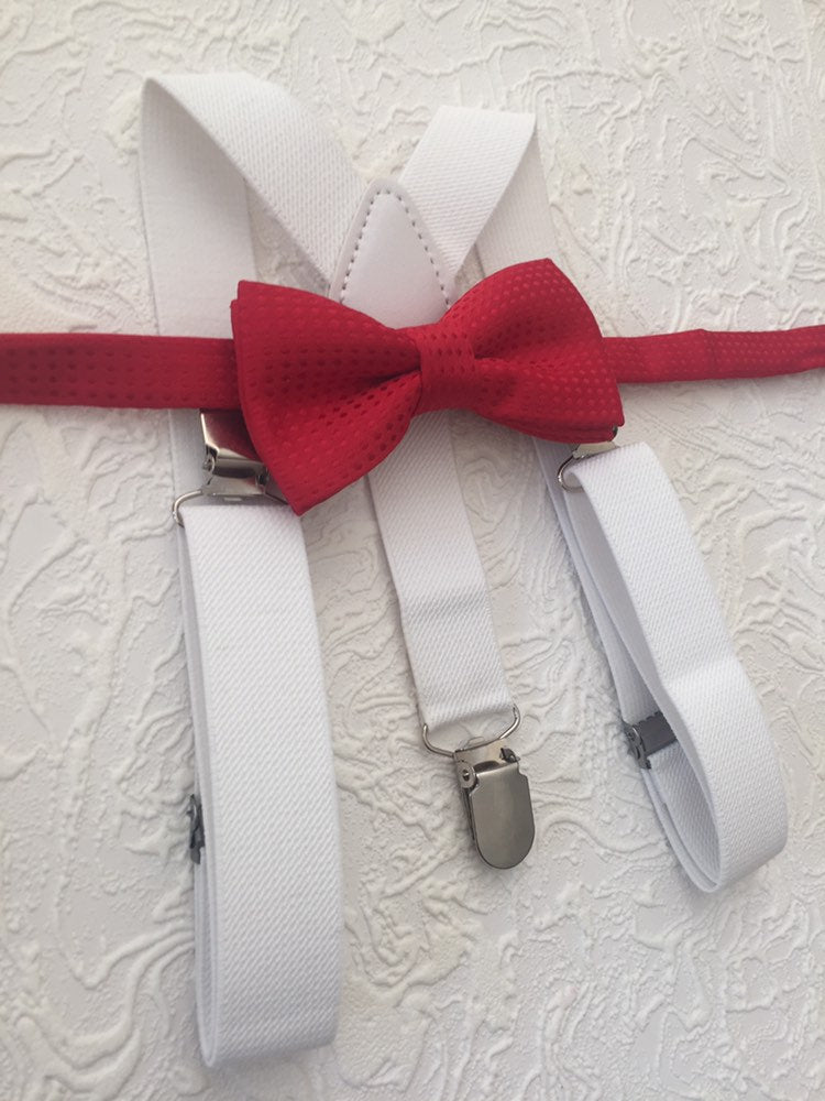 Bow Tie and Suspender Set, white Suspenders, boy Suspenders, baby Suspender Bow Tie, David's Bridal Apple Red suspenders, Apple Red bow tie