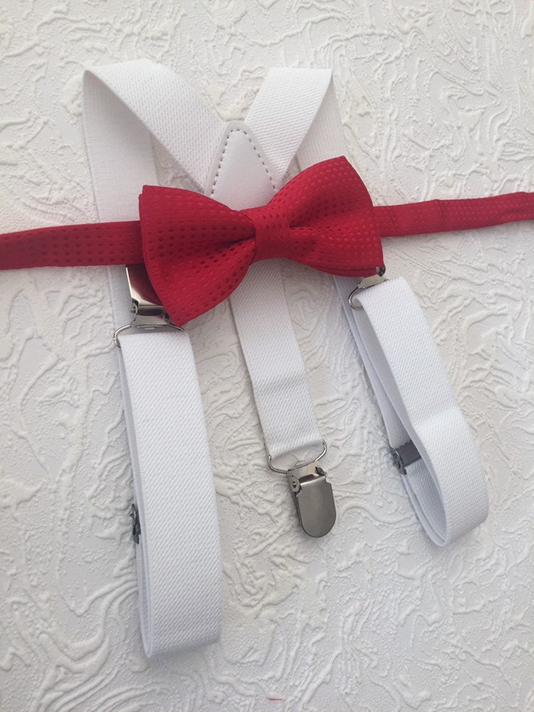 Bow Tie and Suspender Set, white Suspenders, boy Suspenders, baby Suspender Bow Tie, David's Bridal Apple Red suspenders, Apple Red bow tie