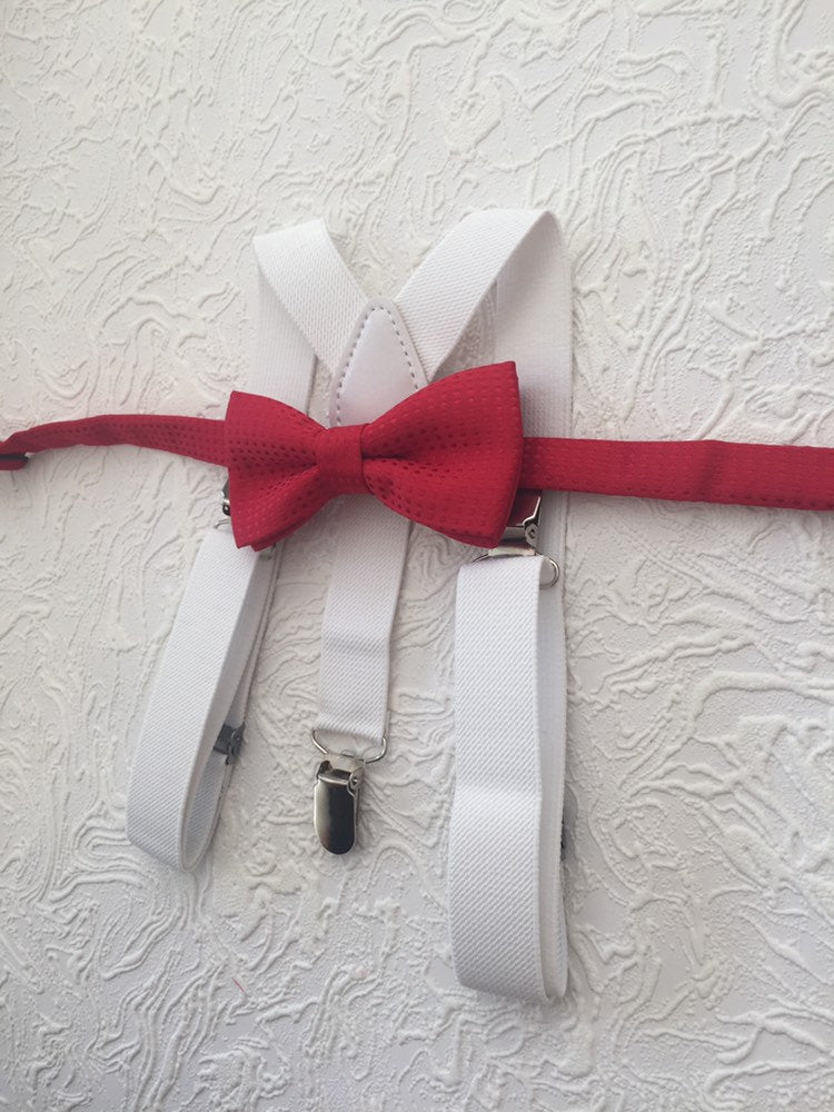 Bow Tie and Suspender Set, white Suspenders, boy Suspenders, baby Suspender Bow Tie, David's Bridal Apple Red suspenders, Apple Red bow tie