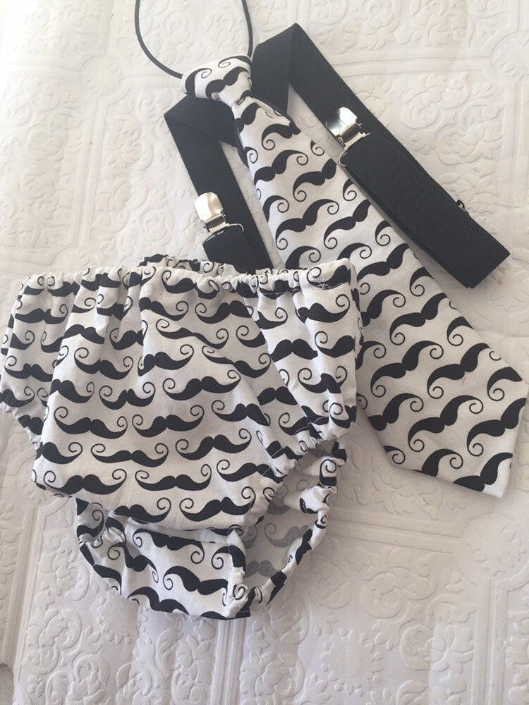 Black & White Moustache 3 Piece Cake Smash Outfit - First Birthday Set Mr Onederful Cake Smash Boy Outfit, Black Diaper Cover, tie