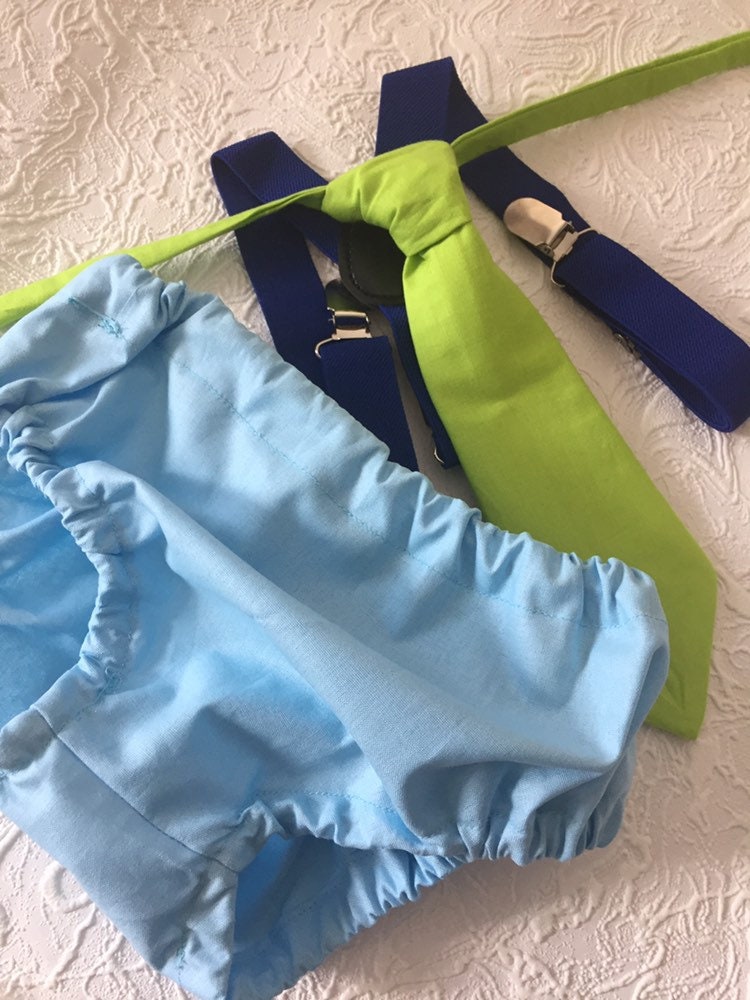 Boys First Birthday Outfit - Monster Party - Diaper Cover, Tie & bloomers - blue Suspenders - 1st Birthday - Cake Smash Outfit