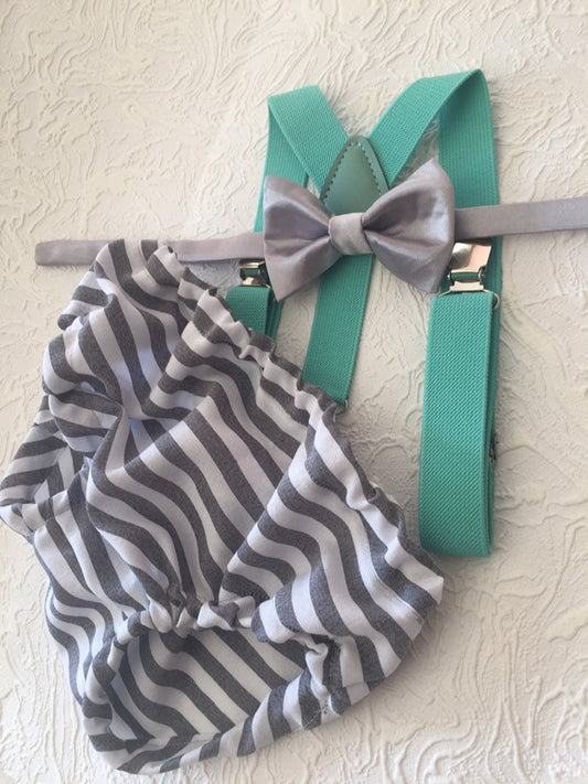 1st Birthday boy cake smash Outfit Bow tie bloomers Suspenders Gray stripe mint, boy outfit,bloomers,diaper cover
