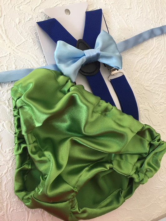 Monsters inspired Smash Cake Boy First Birthday blue cotton Diaper Cover, royal blue Suspenders,green lime bow tie first birthday outfit