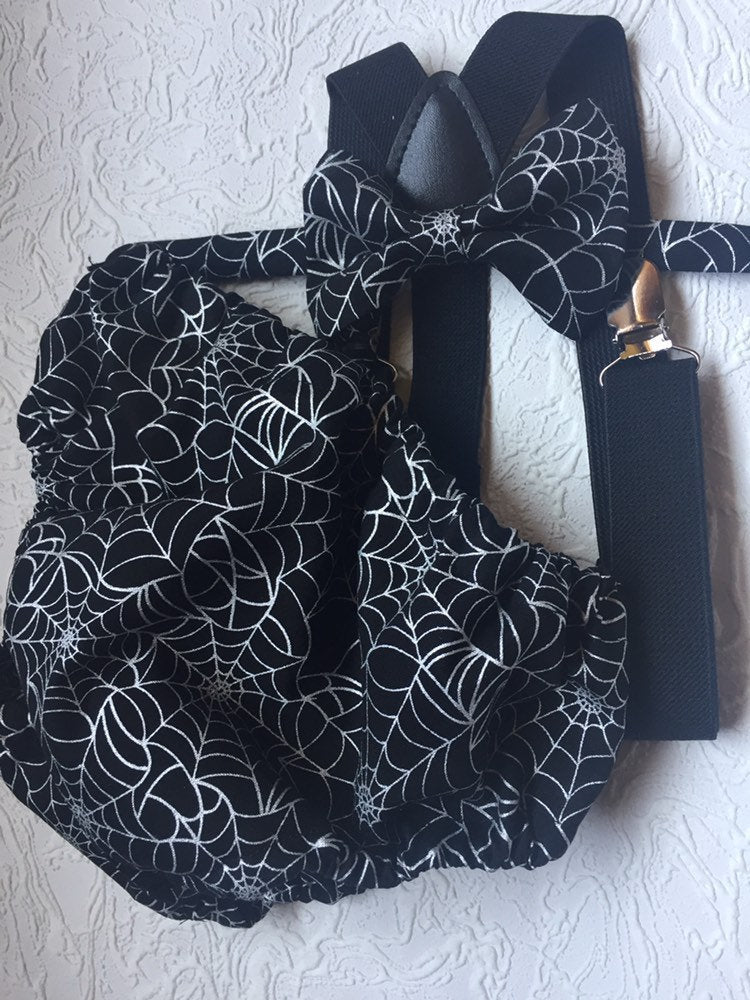 1st Birthday boy cake smash Outfit Bow tie bloomers Suspenders halloween cake smash, boy outfit,bloomers,diaper cover, spiderweb cake smash