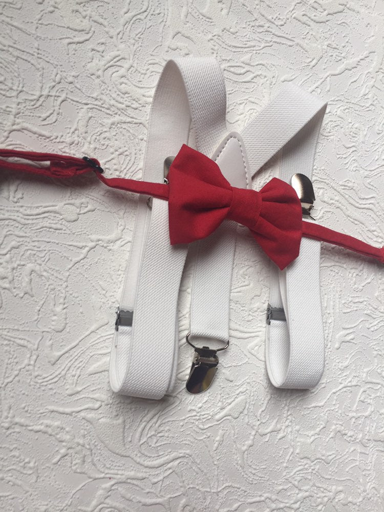 Bow Tie and Suspender Set, white Suspenders, boy Suspenders, baby Suspender Bow Tie, David's Bridal Apple Red suspenders, Apple Red bow tie