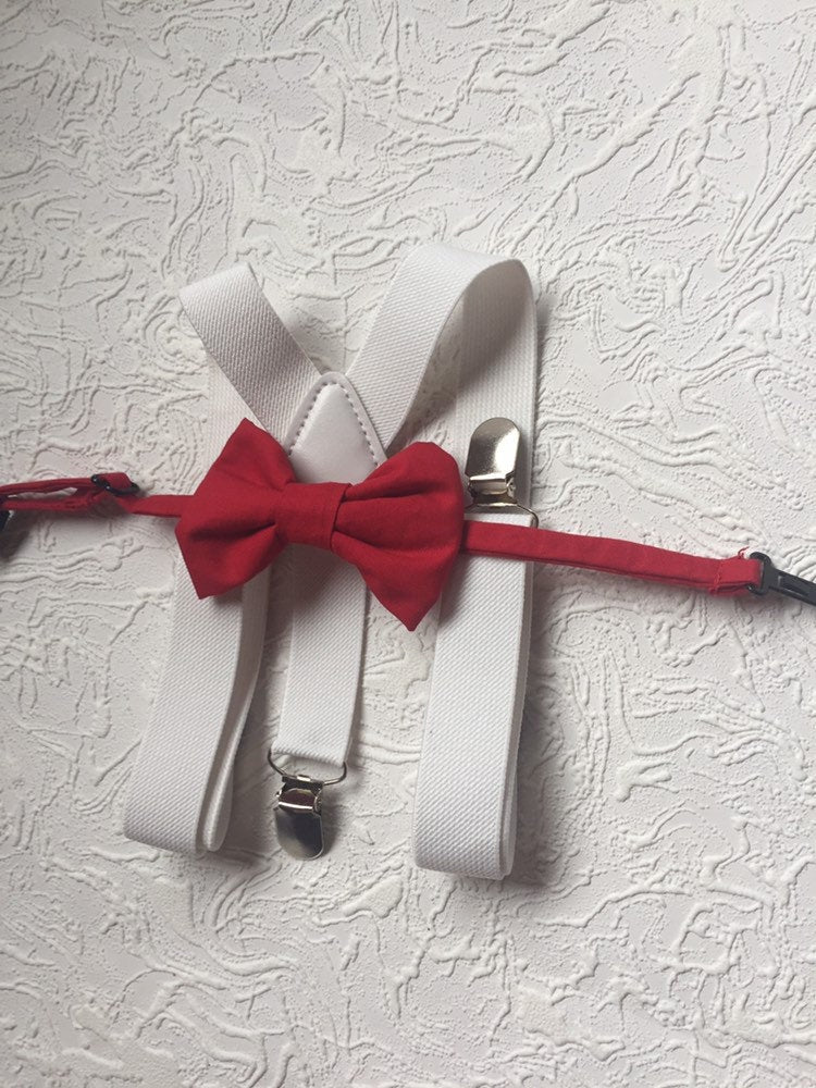 Bow Tie and Suspender Set, white Suspenders, boy Suspenders, baby Suspender Bow Tie, David's Bridal Apple Red suspenders, Apple Red bow tie