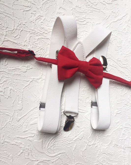 Bow Tie and Suspender Set, white Suspenders, boy Suspenders, baby Suspender Bow Tie, David's Bridal Apple Red suspenders, Apple Red bow tie