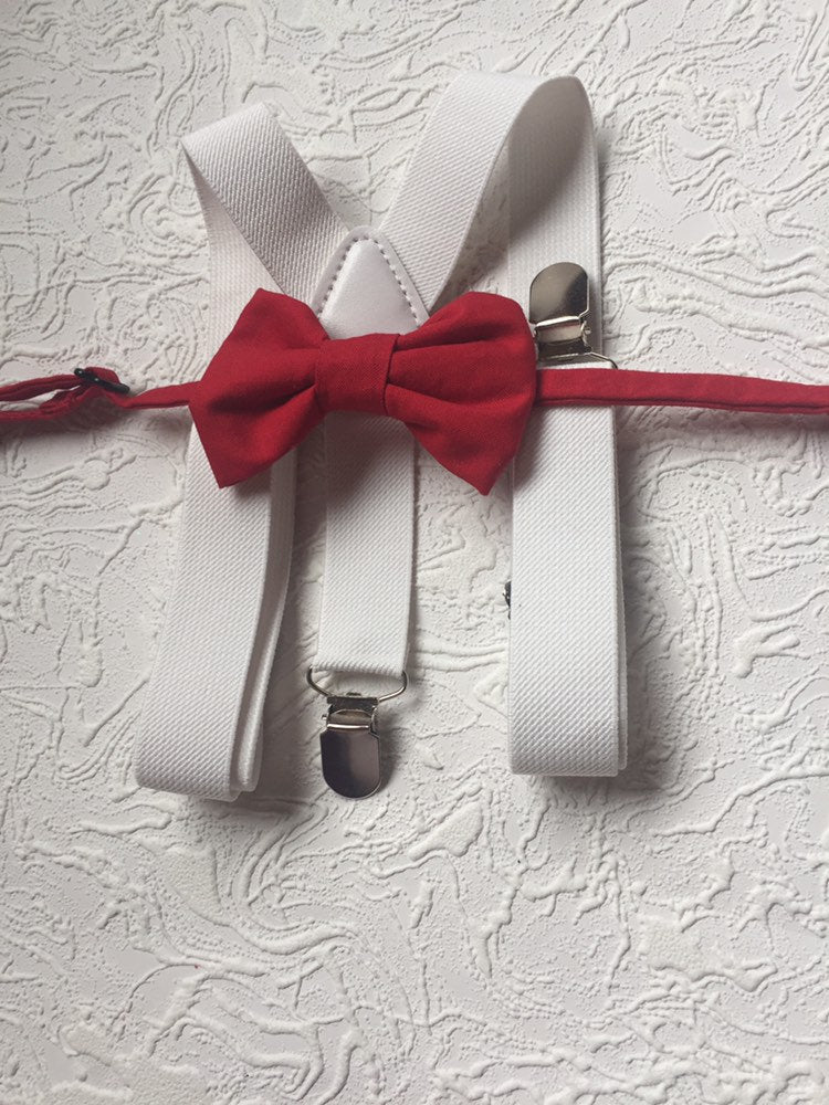 Bow Tie and Suspender Set, white Suspenders, boy Suspenders, baby Suspender Bow Tie, David's Bridal Apple Red suspenders, Apple Red bow tie