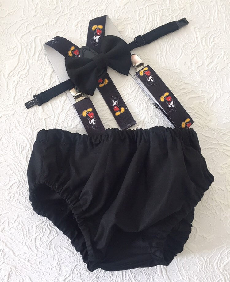 Black smash cake outfit with suspenders, bow tie,  first Birthday, red and yellow cake smash, boy cake smash