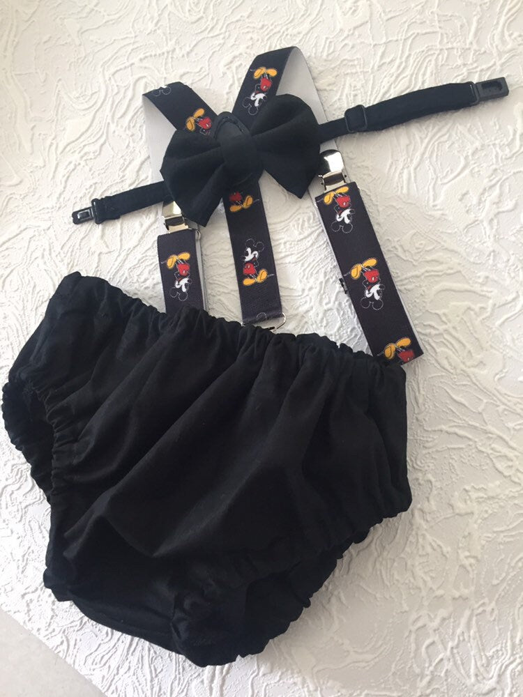 Black smash cake outfit with suspenders, bow tie,  first Birthday, red and yellow cake smash, boy cake smash