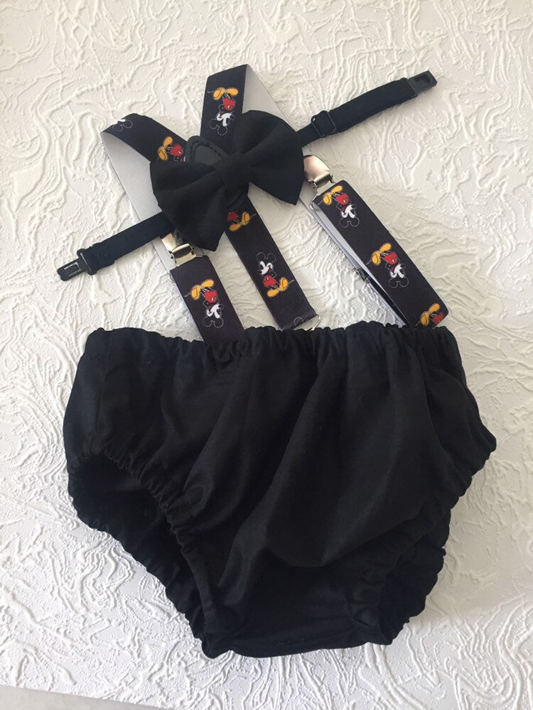 Black smash cake outfit with suspenders, bow tie,  first Birthday, red and yellow cake smash, boy cake smash