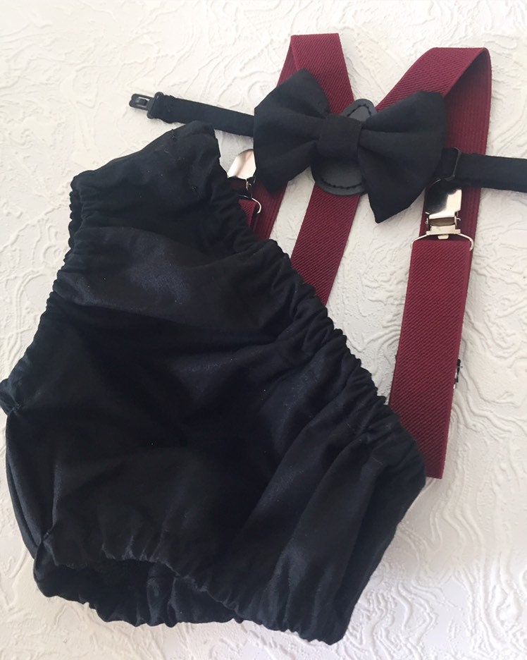 Cake Smash Boy Outfit, Black and blue 1st Birthday Boy, Black Diaper Cover, Bowtie, Suspender, burgundy suspenders, First Birthday Boy, Boys