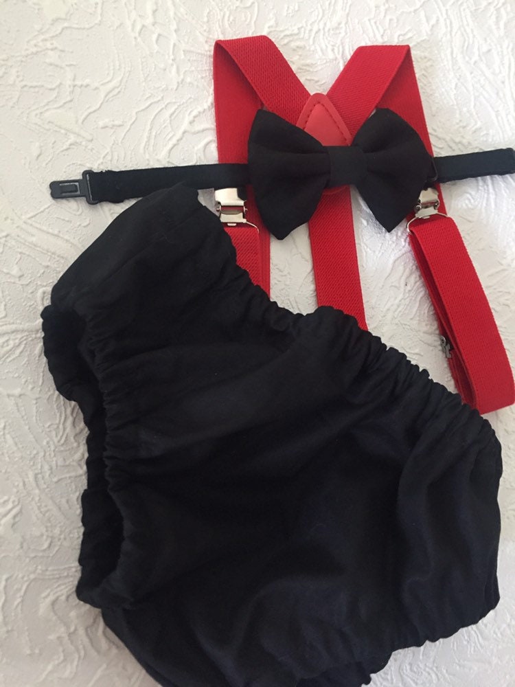 Cake Smash Boy Outfit, Black and red 1st Birthday Boy, Black Diaper Cover, Bowtie, Suspender, green suspenders, First Birthday Boy, Boy