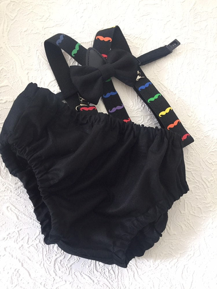 Little man 1st birthday outfit, 1st birthday cake smash outfit, mustache cake smash outfit, mustache suspenders and diaper cover, boy cake