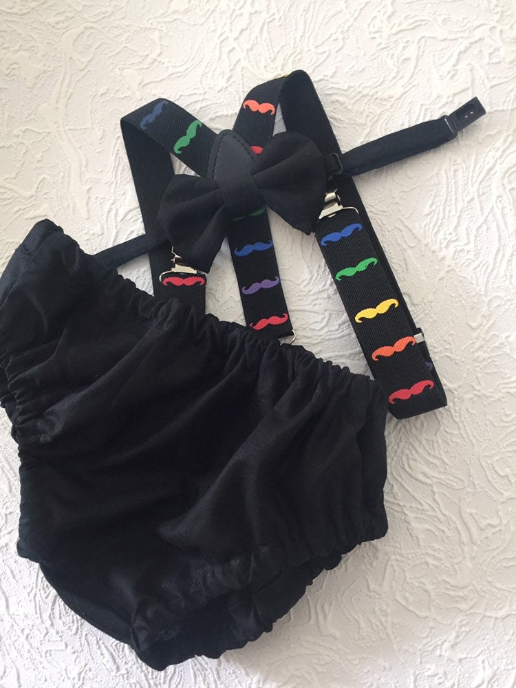 Little man 1st birthday outfit, 1st birthday cake smash outfit, mustache cake smash outfit, mustache suspenders and diaper cover, boy cake