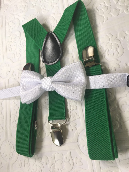 Baby suspenders, green baby suspenders, toddler suspenders, green suspenders, boy white bow tie, bow tie and suspenders,newborn bow tie
