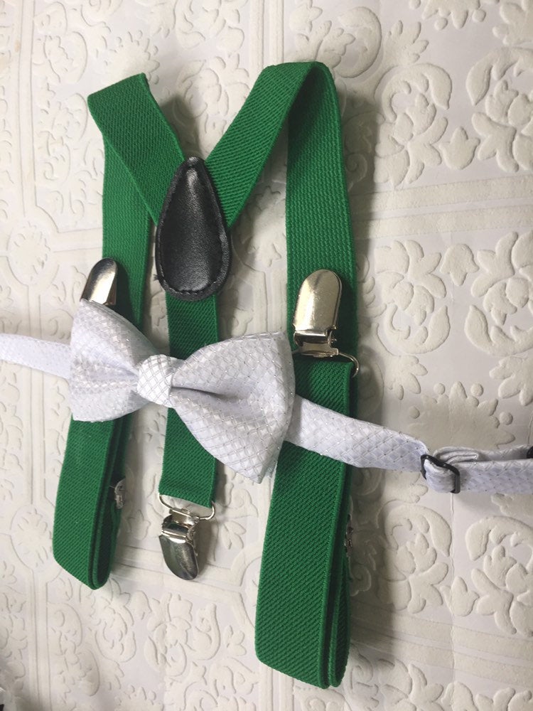 Baby suspenders, green baby suspenders, toddler suspenders, green suspenders, boy white bow tie, bow tie and suspenders,newborn bow tie