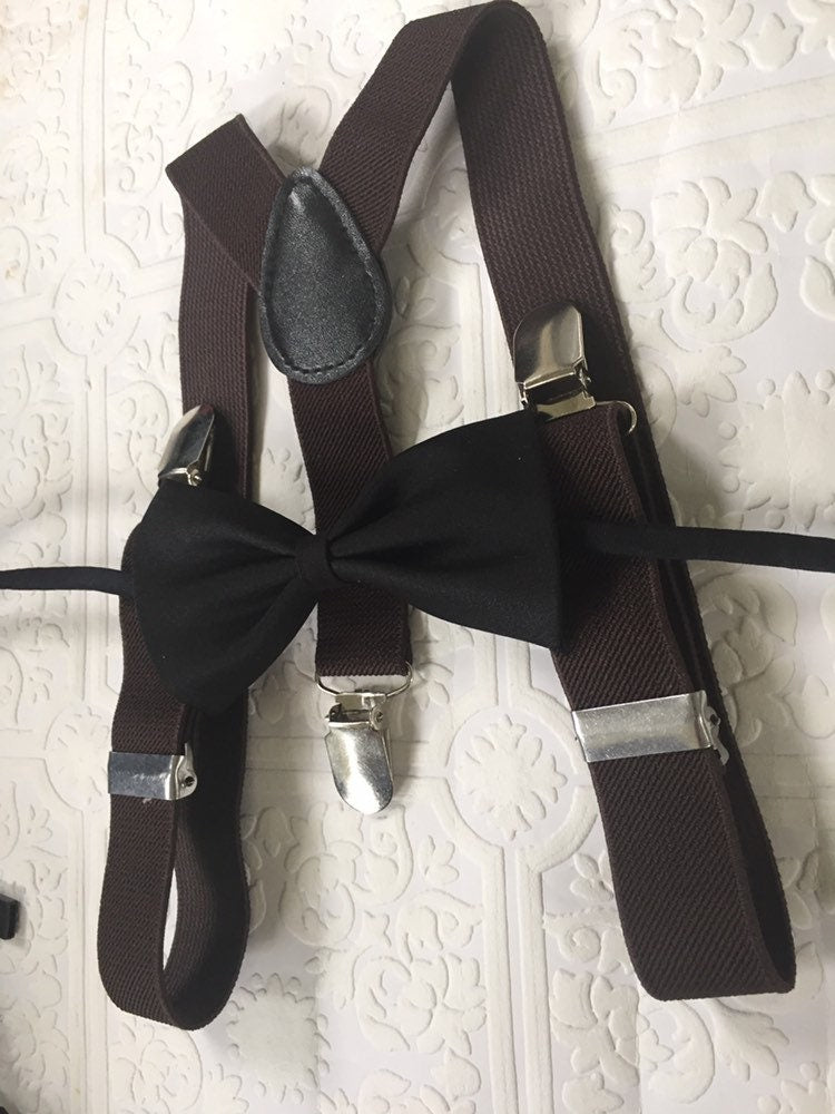 Black Bow Tie & Brown Suspender Set --- PERFECT for Ring Bearer Outfit, Page Boy Outfit, Floral Bow Tie, Cake Smash, Boy Gift,Fall Wedding