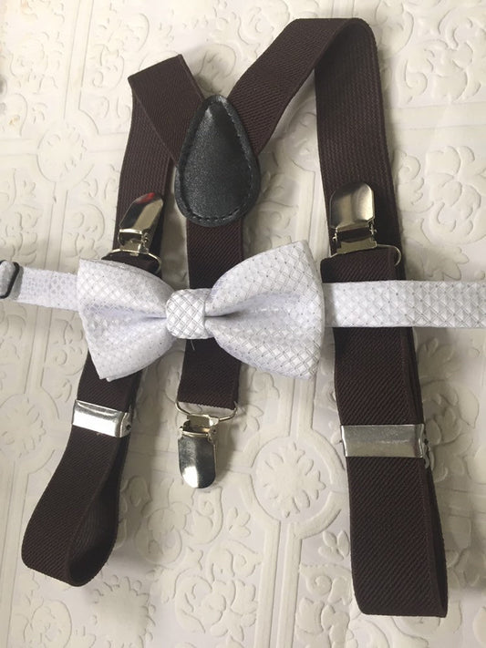 White bow tie and suspenders, Brown suspenders, white baby bowtie, suspenders and bowtie, bowtie and suspenders, white baby bow tie, brown