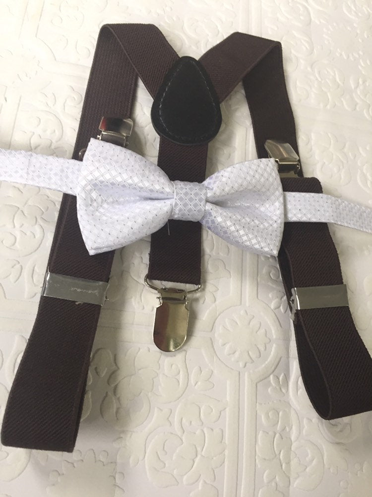 White bow tie and suspenders, Brown suspenders, white baby bowtie, suspenders and bowtie, bowtie and suspenders, white baby bow tie, brown