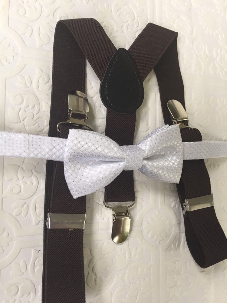 White bow tie and suspenders, Brown suspenders, white baby bowtie, suspenders and bowtie, bowtie and suspenders, white baby bow tie, brown