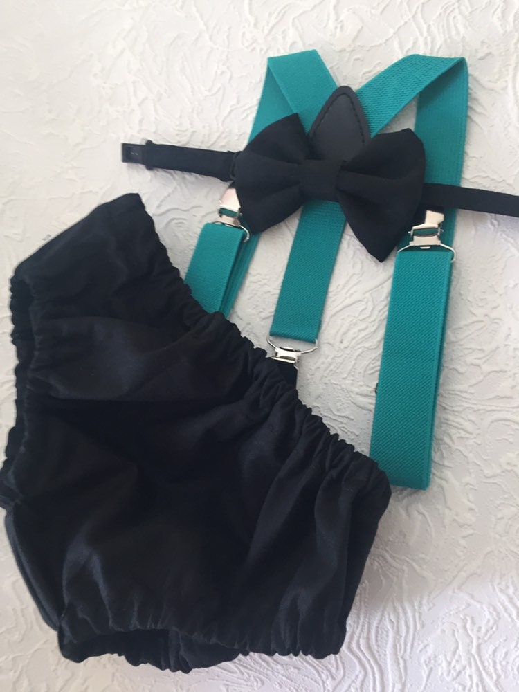 1st Birthday boy cake smash Outfit Bow tie bloomers Suspenders teal black bow tie, boy outfit,bloomers,diaper cover