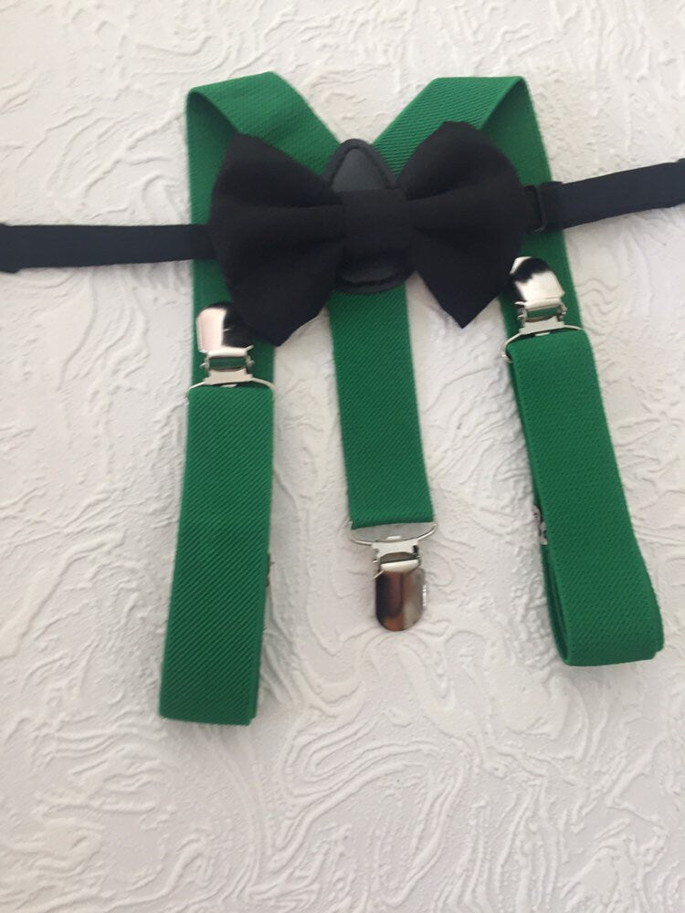 Forest green bow tie suspenders, green suspenders boys, black green bow tie toddler,  black bow tie baby, green braces bow tie