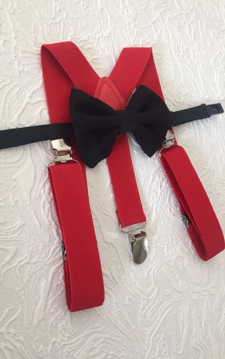 RED Solid 100% Cotton black Bowtie Bow Tie + Red Braces Elastic Suspenders for Baby Kids Page Boy Toddler or Youth Teenage