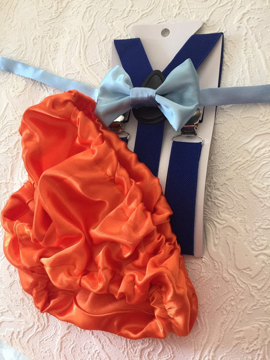 Monsters inspired Smash Cake Boy First Birthday orange satin Diaper Cover, royal blue Suspenders,baby blue bow tie, first birthday outfit