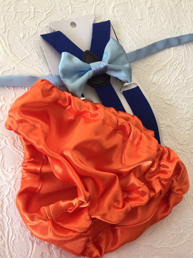 Monsters inspired Smash Cake Boy First Birthday orange satin Diaper Cover, royal blue Suspenders,baby blue bow tie, first birthday outfit