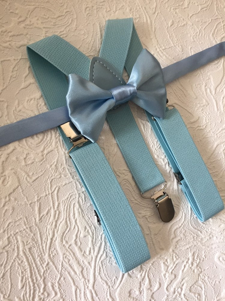 Blue Bow Tie and blue Suspenders, Quality boys, Toddler Suspenders, Boys, Kids, Ring Bearer Gift, Light Blue, Fog, Mist, Braces,