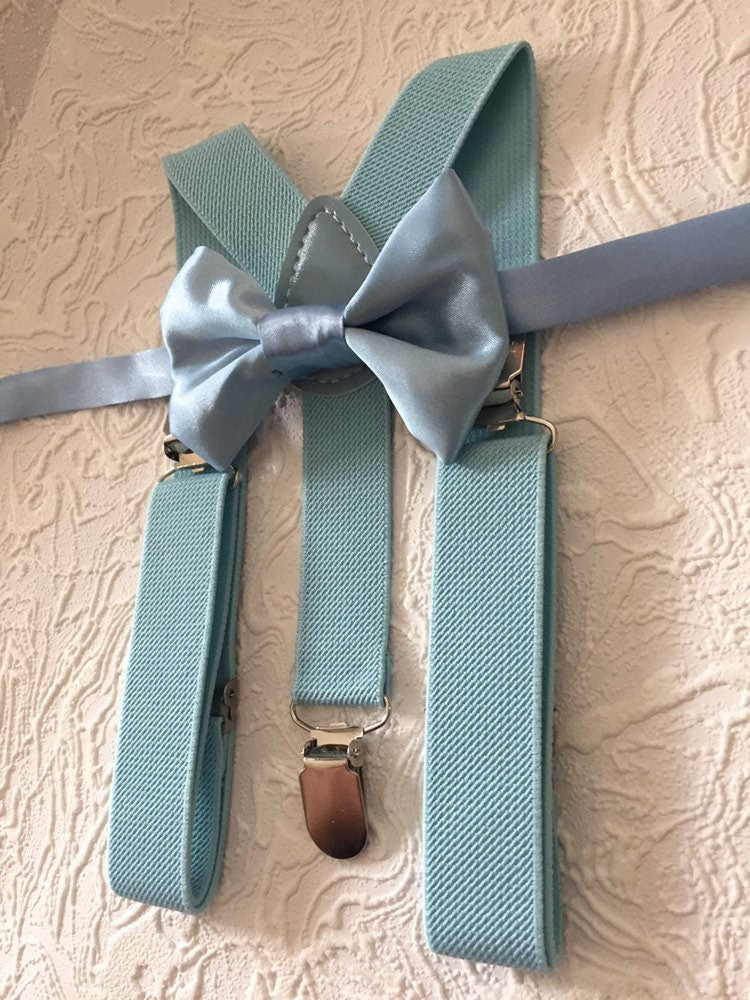 Blue Bow Tie and blue Suspenders, Quality boys, Toddler Suspenders, Boys, Kids, Ring Bearer Gift, Light Blue, Fog, Mist, Braces,