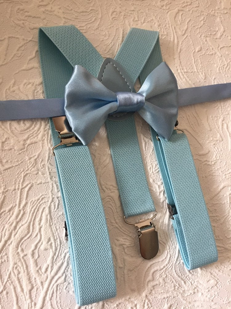 Blue Bow Tie and blue Suspenders, Quality boys, Toddler Suspenders, Boys, Kids, Ring Bearer Gift, Light Blue, Fog, Mist, Braces,