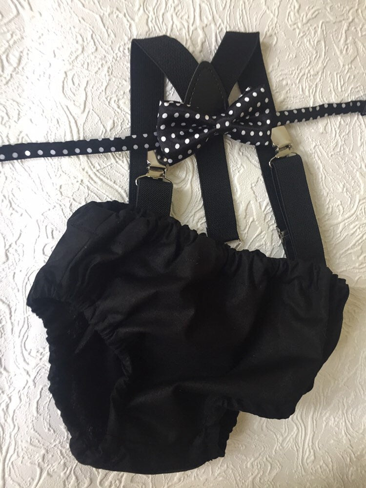 Cake Smash Boy Outfit, Black 1st Birthday Boy, Black Diaper Cover, Bowtie, Suspender, black suspenders, First Birthday Boy, Boys 1st