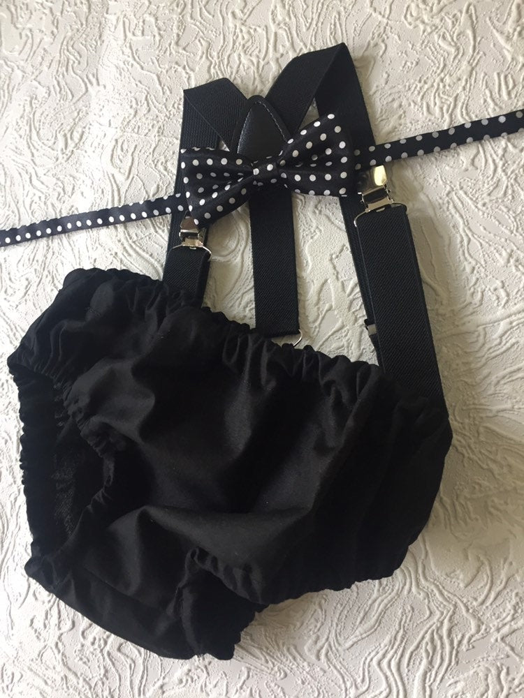 Cake Smash Boy Outfit, Black 1st Birthday Boy, Black Diaper Cover, Bowtie, Suspender, black suspenders, First Birthday Boy, Boys 1st