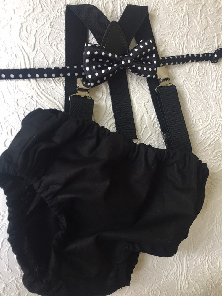 Cake Smash Boy Outfit, Black 1st Birthday Boy, Black Diaper Cover, Bowtie, Suspender, black suspenders, First Birthday Boy, Boys 1st