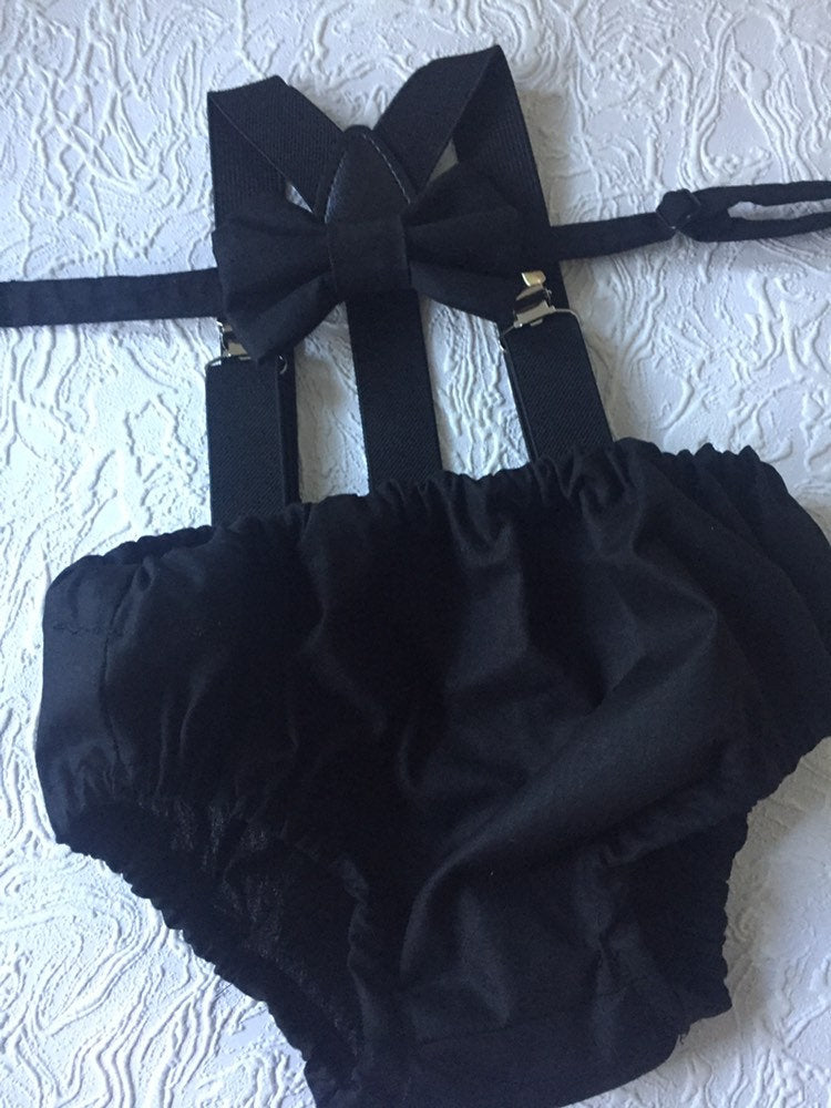 Cake Smash Boy First Birthday super soft black cotton Diaper Cover,black Suspenders,black bow tie, Birthday Photoshoot