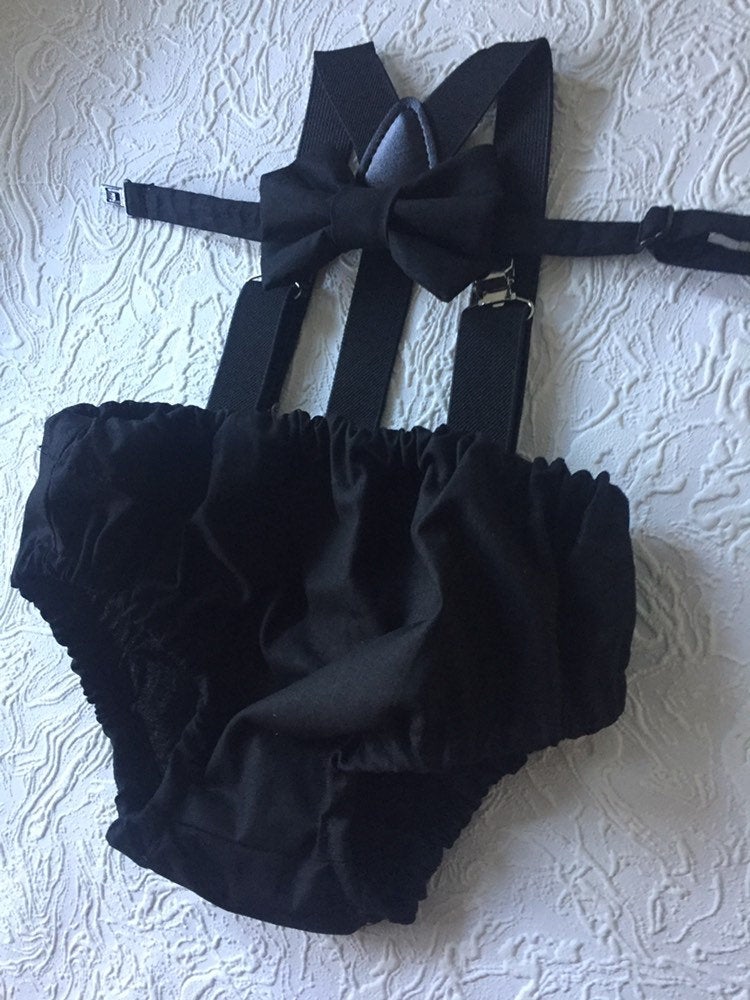 Cake Smash Boy First Birthday super soft black cotton Diaper Cover,black Suspenders,black bow tie, Birthday Photoshoot