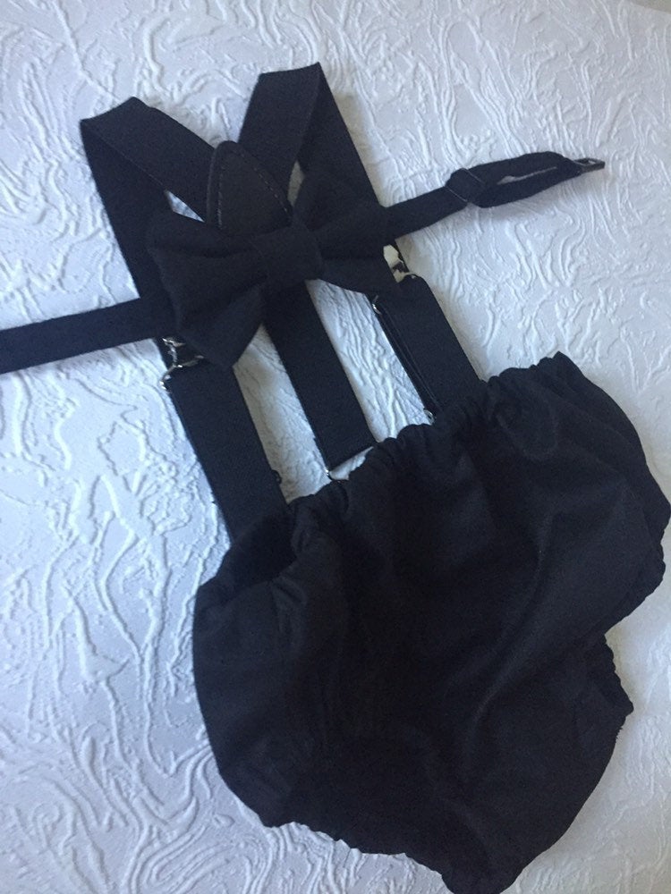 Cake Smash Boy First Birthday super soft black cotton Diaper Cover,black Suspenders,black bow tie, Birthday Photoshoot
