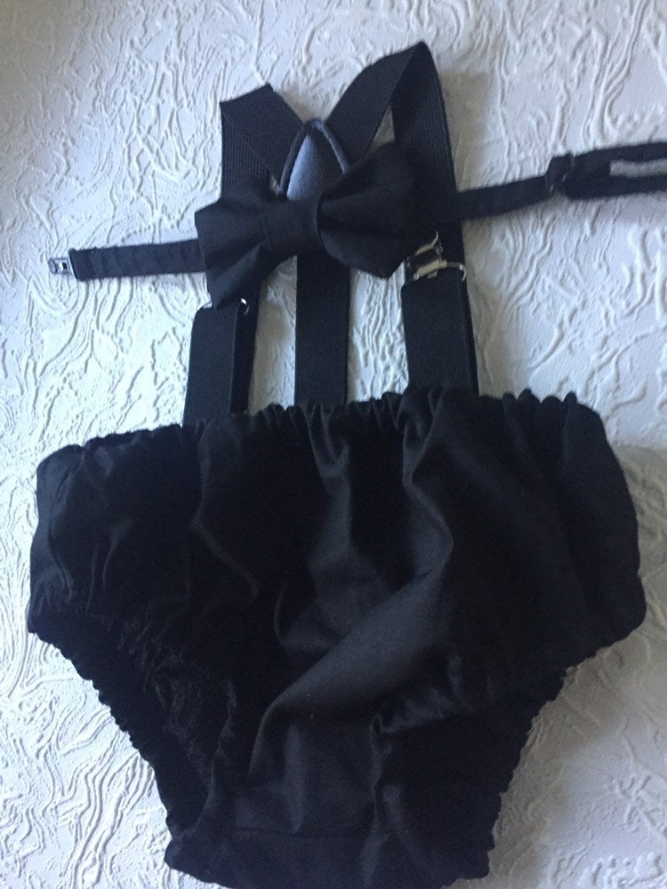 Cake Smash Boy First Birthday super soft black cotton Diaper Cover,black Suspenders,black bow tie, Birthday Photoshoot