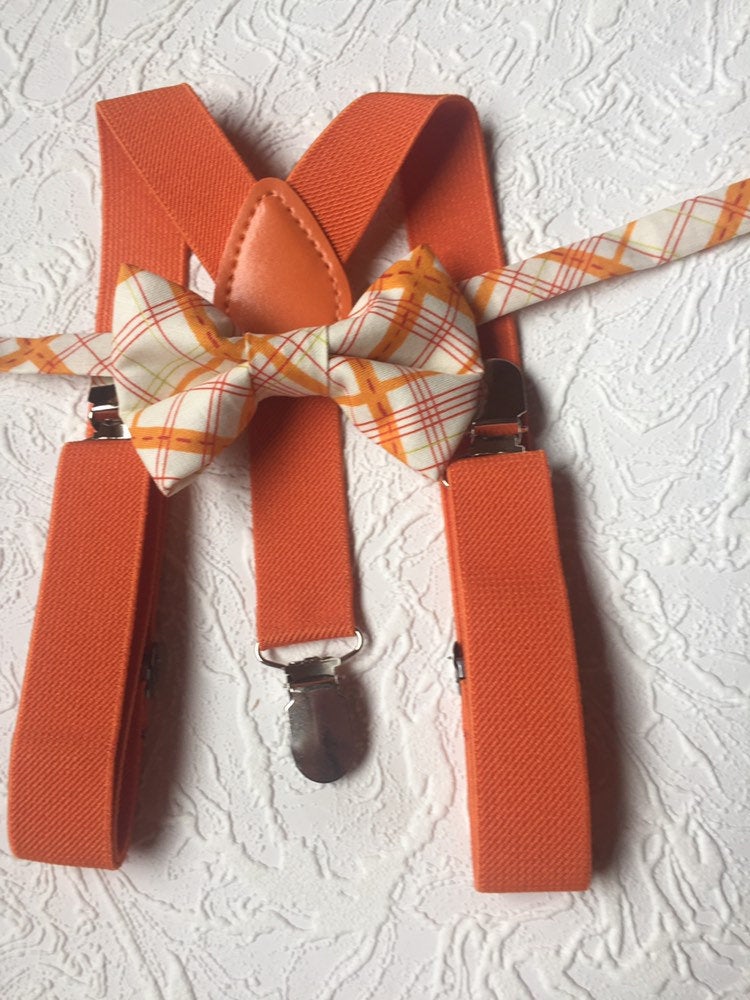 Orange bow tie and orange suspender set, plaid bow tie, orange plaid bow tie, boys bow tie, men's bow tie, fall bow tie