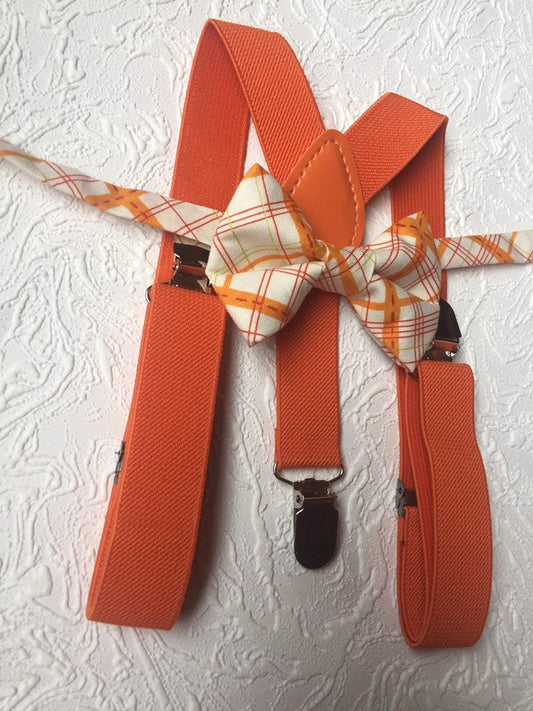 Orange bow tie and orange suspender set, plaid bow tie, orange plaid bow tie, boys bow tie, men's bow tie, fall bow tie