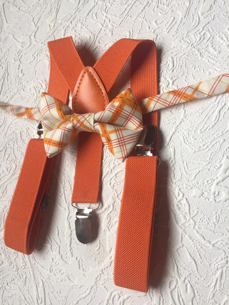 Orange bow tie and orange suspender set, plaid bow tie, orange plaid bow tie, boys bow tie, men's bow tie, fall bow tie