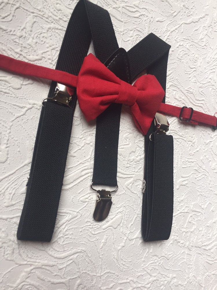 Bow Tie & Suspenders, Red Bow Tie, Black Suspenders, Wedding Suspenders, Ring Bearer Outfit, boys Suspenders, Boy Suspenders, Birthday