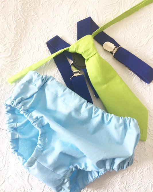 Boys First Birthday Outfit - Monster Party - Diaper Cover, Tie & bloomers - blue Suspenders - 1st Birthday - Cake Smash Outfit